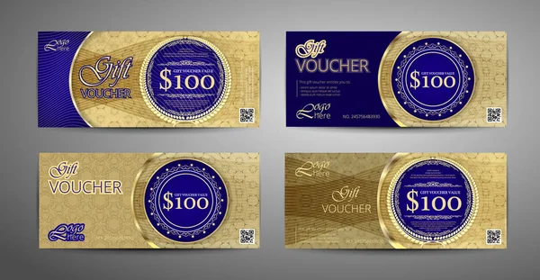 Luxury gift voucher template collection. Set of blue and gold coupon template. Vector — Stock Vector