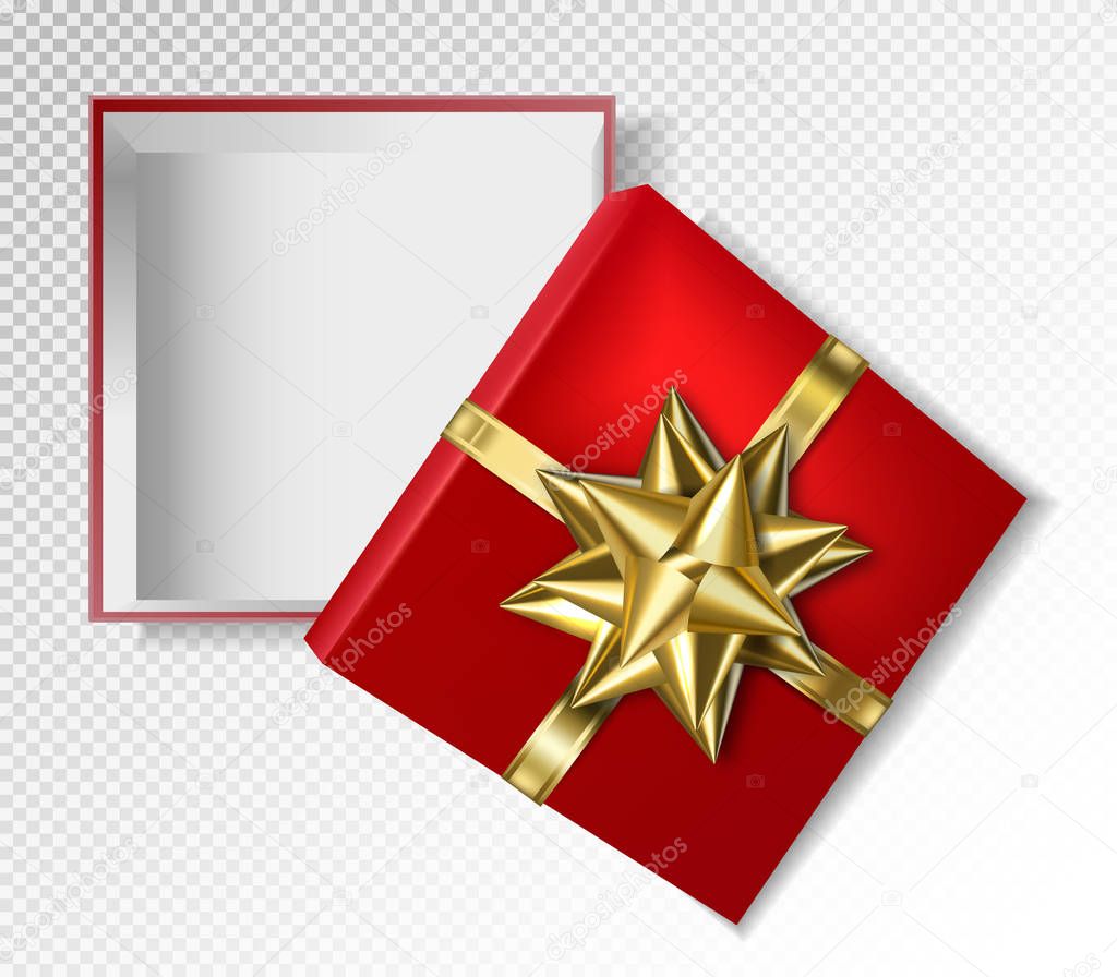 Vector Christmas and New Years Day. Open red gift box top view on transparent background, 3d