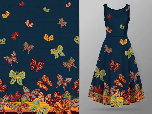 Vertical seamless pattern with hand draw butterfly on dress mockup. Vector. Red orange green butterfly on navy blue. — Stock Vector