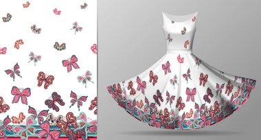 El ile dikey Dikişsiz desen elbise mockup üzerinde Kelebek çizin. Vektör. Pastel mavi pembe bej beyaz