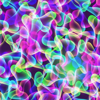 Soyut çok renkli sıvı vektör dikişsiz desen. Siyah arka planda üst üste binen renkli sıvılar. Parlak neon ışıklar çizimi.
