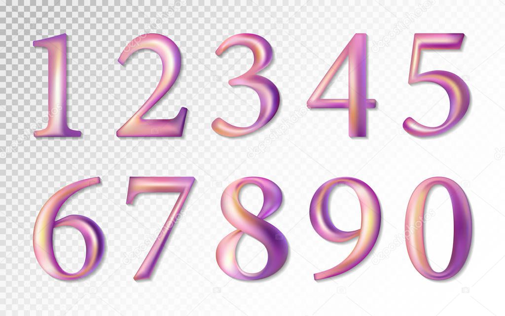 Set of colorful pink lilac vector numbers, from 1 to 0. Vector image. Transparent background.