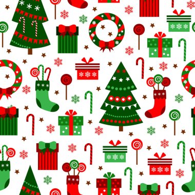 Yeni yıl yeşil döşeme deseni. Mutlu Noeller düz tasarım vektör çizim. Sorunsuz arka plan.