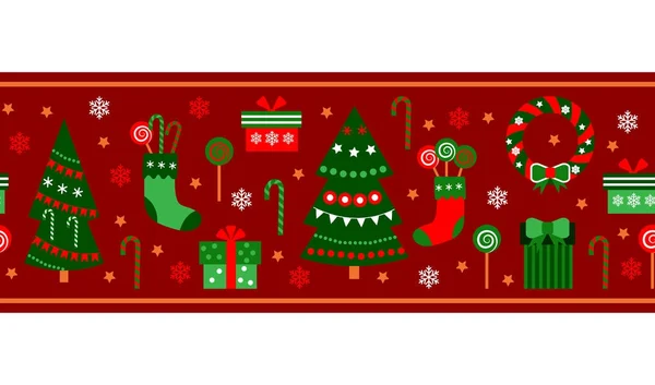 圣诞快乐装饰元素无缝图案水平红色边框。向量平 — 图库矢量图片