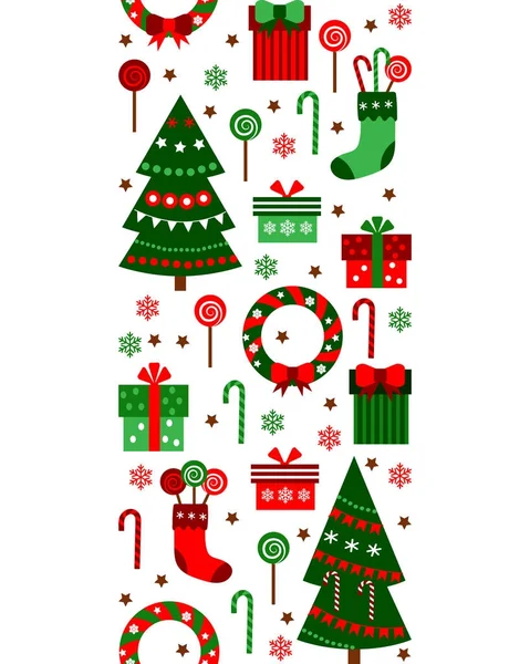 God jul och gott nytt år lodräta kantlinjen menyfliksområdet. Presenter, lådor, träd, Strumpor och godis i platt stil. Vector sömlösa mönster med objekt — Stock vektor
