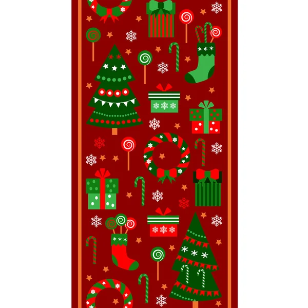 圣诞快乐, 新年幸福竖边带。礼品, 盒子, 树, 袜子和糖果在平坦的风格。矢量无缝模式与对象 — 图库矢量图片