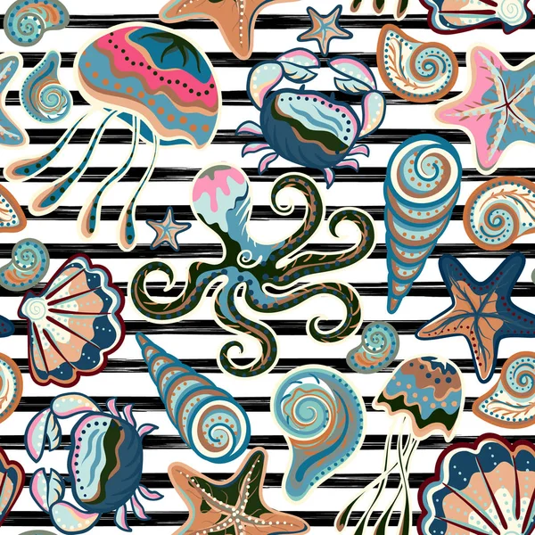 Vector seamless pattern of seashells on striped background. Hand drawn vintage engraved illustration of ocean underwater animals. — Stock Vector