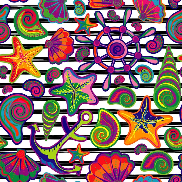ストライプ バック グラウンドで貝殻のシームレスなパターンをベクトルします。手描きの海の水中動物たちのヴィンテージの刻まれた図. — ストックベクタ