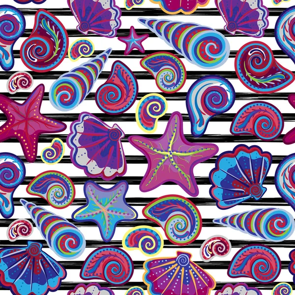 Vektor nahtlose Muster von Muscheln auf gestreiftem Hintergrund. handgezeichnete Vintage gravierte Illustration von Meerestieren. — Stockvektor