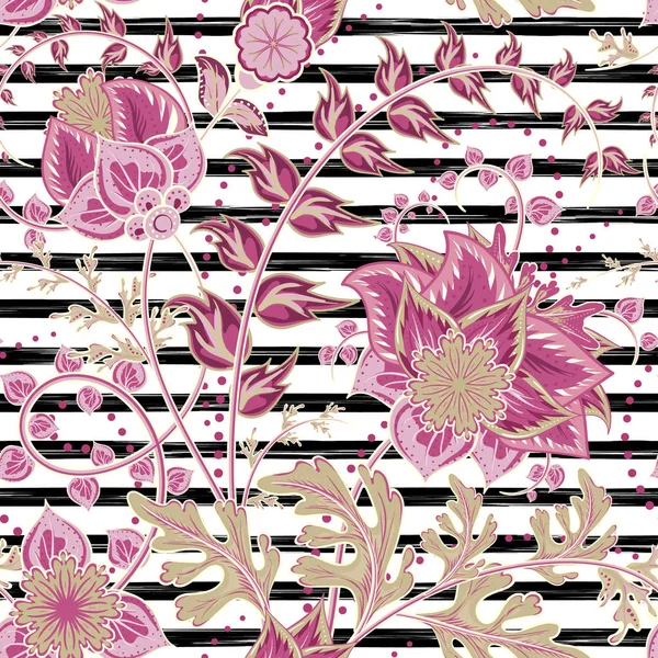 Seamless floral pattern with hand draw fantasy flowers on strip backdrop. Vector — Stock Vector