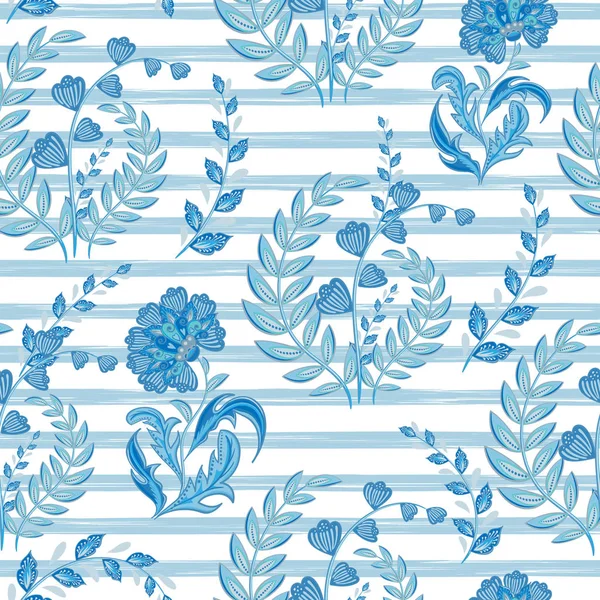 Бесшовный цветочный узор с ручной рисовать фантазии цветы на фоне полосы. Векторный синий фон — стоковый вектор