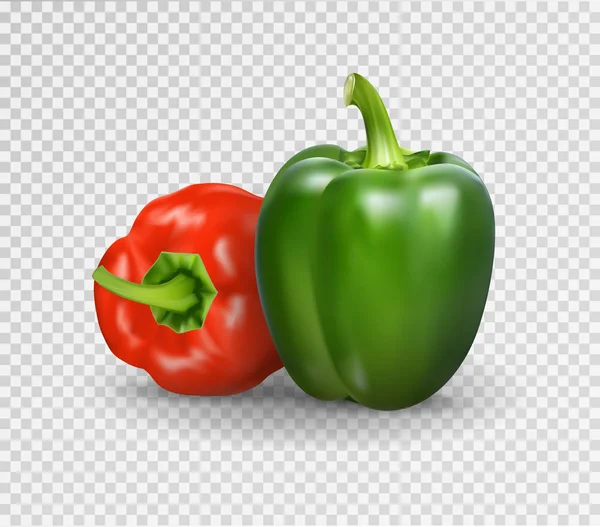 Illustrazione realistica vettoriale del peperone dolce. 3d Verdure rosse e verdi su fondo trasparente — Vettoriale Stock