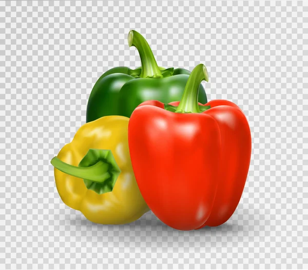 Set di tre peperoni. Pepe giallo, rosso e verde. Illustrazione vettoriale realistica della paprica . — Vettoriale Stock