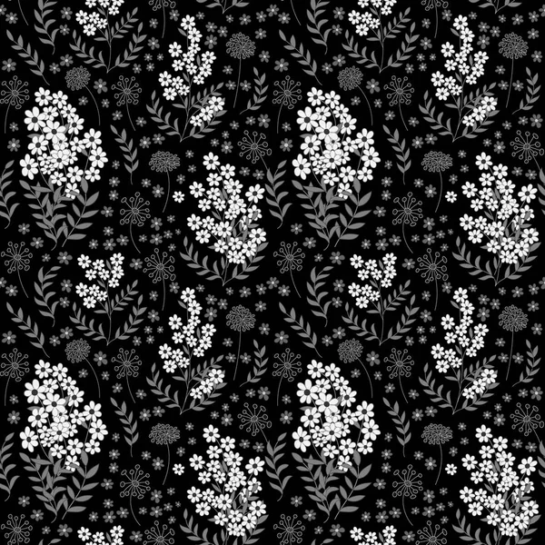 Schattig naadloze patroon in de kleine bloem. Zwart-wit achtergrond. Ditsy bloemen stijl. Één kleur mode print. Vector. — Stockvector