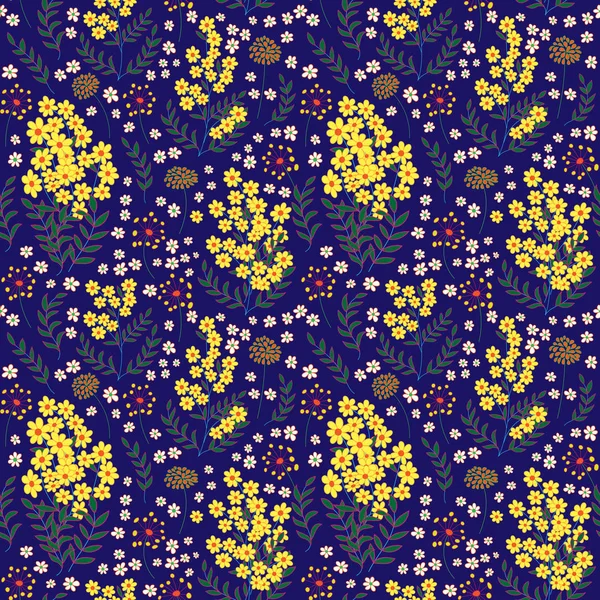 Cute seamless pattern in small flower. Small yellow and white flowers. Dark blue background. Ditsy floral style. Fashion prints. Vector.