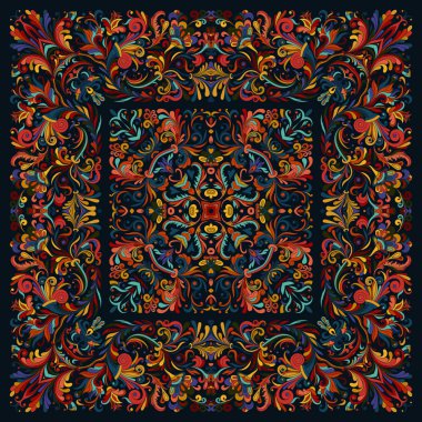 Dekoratif renkli arka plan, geometrik çiçek doodle desen süslü dantel kare ile. Bandana şal, masa örtüsü kumaş baskı, ipek boyun atkı, atkı tasarımı