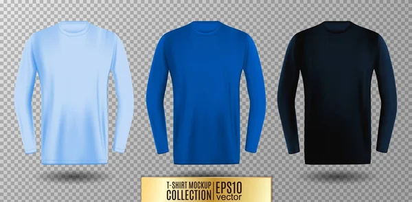 Три відтінки світлої, нормальної та темно-синьої футболки з довгим рукавом. Векторний макет вгору . — стоковий вектор