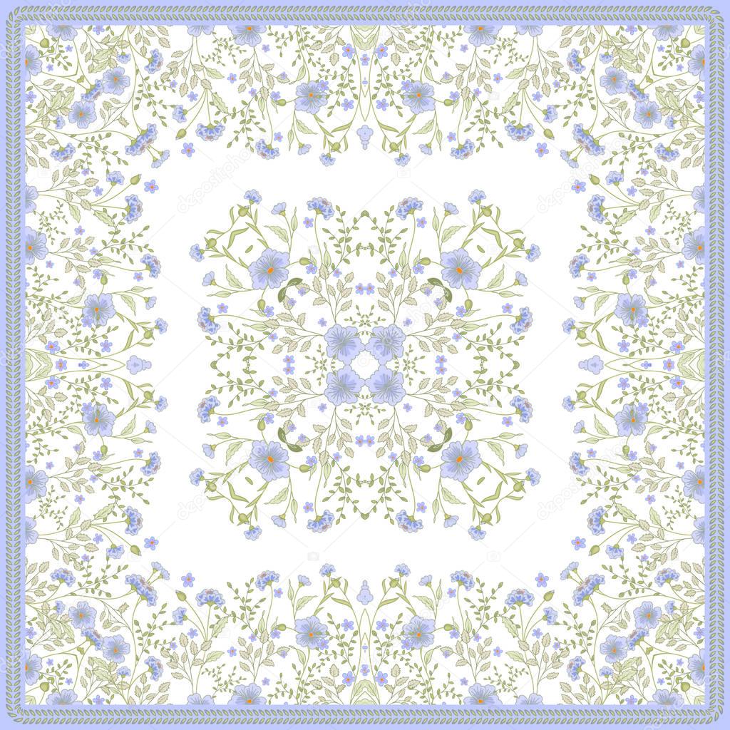Scarf print design. Delicate cute flowers square pattern. Vector