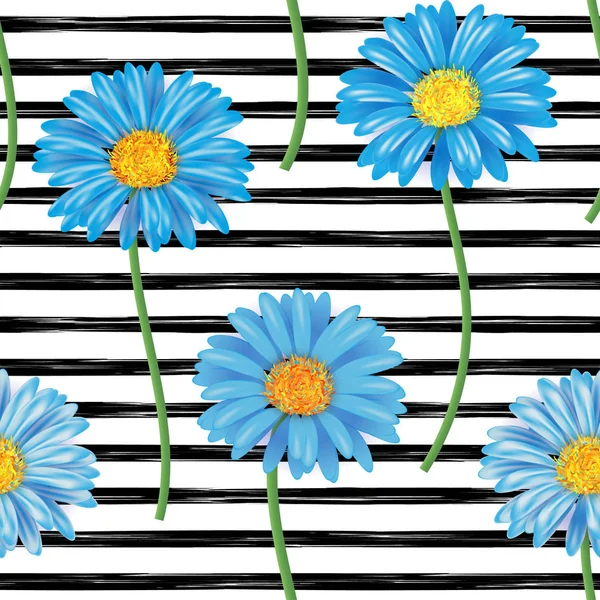 Hermoso patrón sin costuras con flores de gerberas azules sobre fondo rayado. Pinceladas pintadas a mano. Ilustración vectorial — Vector de stock