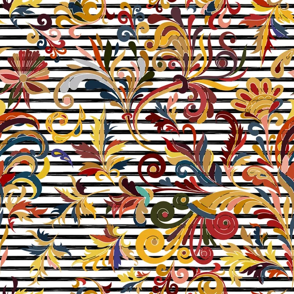 Gestreepte naadloze patroon. Hand tekenen bloemen behang. Kleurrijke decoratieve rand — Stockvector