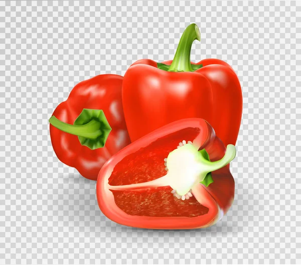 Photo-realistic vector. Red paprika. Whole Bulgarian pepper and half. 3d — Stock Vector