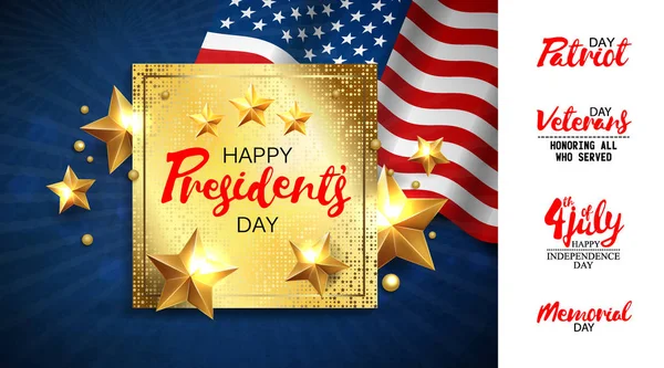 Universal illustration with a set of inscriptions for patriotic holidays in the USA. Presidents day, Independence day, Veterans day, Memorial day, 4 jule etc. Vector EPS10 — Stock Vector