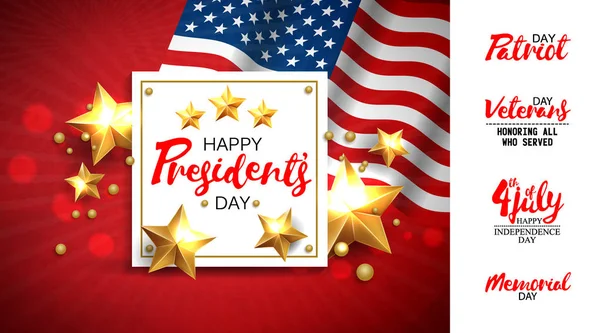 Universal illustration with a set of inscriptions for patriotic holidays in the USA. Presidents day, Independence day, Veterans day, Memorial day, 4 jule etc. Vector EPS10 — Stock Vector