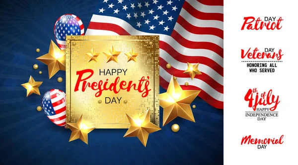 Universal illustration with a set of inscriptions for patriotic holidays in the USA. Presidents day, Independence day, Veterans day, Memorial day, 4 jule etc. Vector EPS10 — Stock Vector