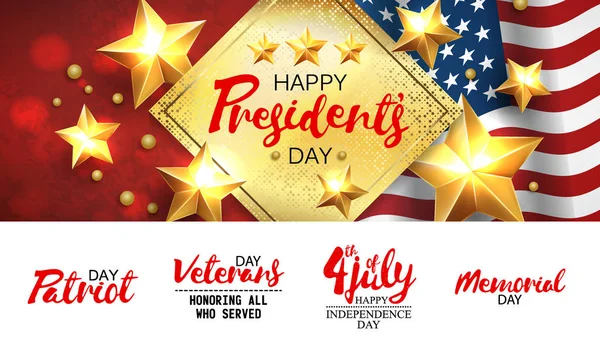 Universal illustration med en uppsättning inskriptioner för patriotiska helgdagar i Usa. Presidenter dag, Självständighetsdagen, Veterans day, Memorial day, 4 jule etc. Vector Eps10 — Stock vektor