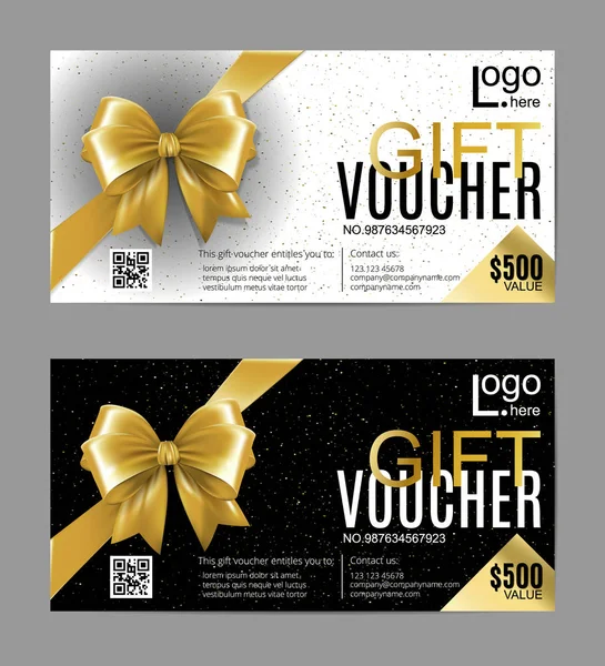 Vector gift card or voucher template with realistic gold bow ribbon. Golden, black and white vip holiday cards. Luxury design concept for gift coupon, invitation, certificate, flyer, banner, ticket. — Stock Vector