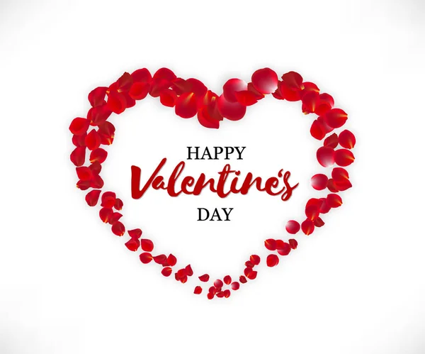 Feliz día de San Valentín ilustración. Hermoso corazón de pétalos de rosa roja y la discripción aislada en blanco — Vector de stock