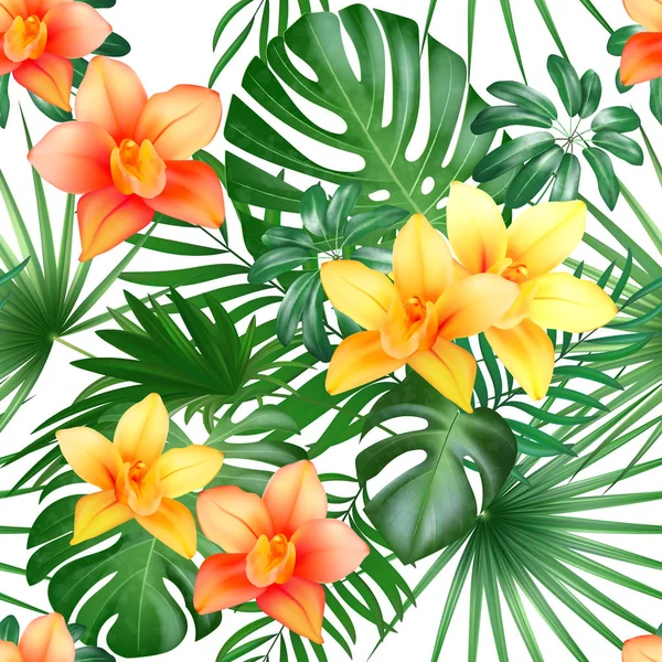 Tropiska seamless mönster med palmblad och blommor. Vektor illustration. — Stock vektor