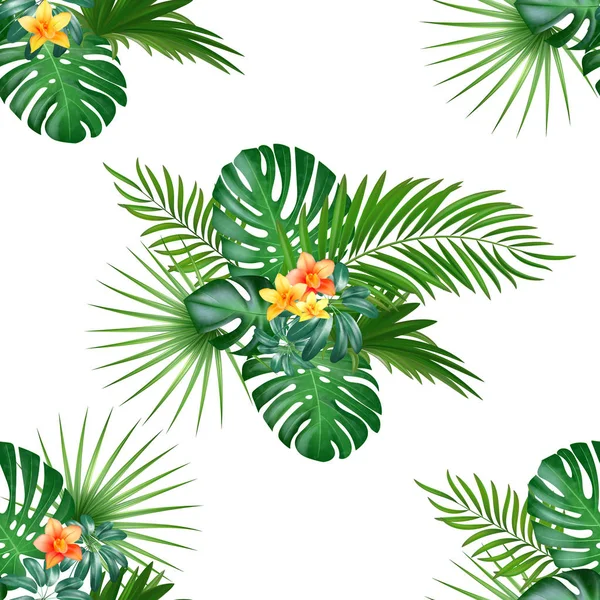 Modello tropicale senza cuciture con foglie di palma e fiori. Illustrazione vettoriale . — Vettoriale Stock