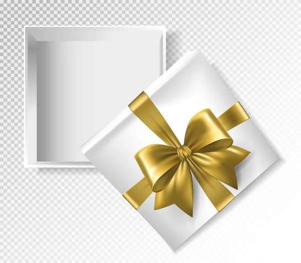 Caja de regalo blanca con cinta de oro y lazo - ilustración vectorial vista superior. Ilustración realista 3d — Archivo Imágenes Vectoriales
