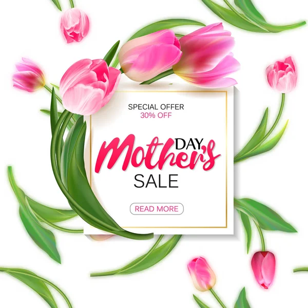 Mothers day sale shopping special offer holiday banner vector illustration. White plate with pink tulips on seamless tulips backdrop