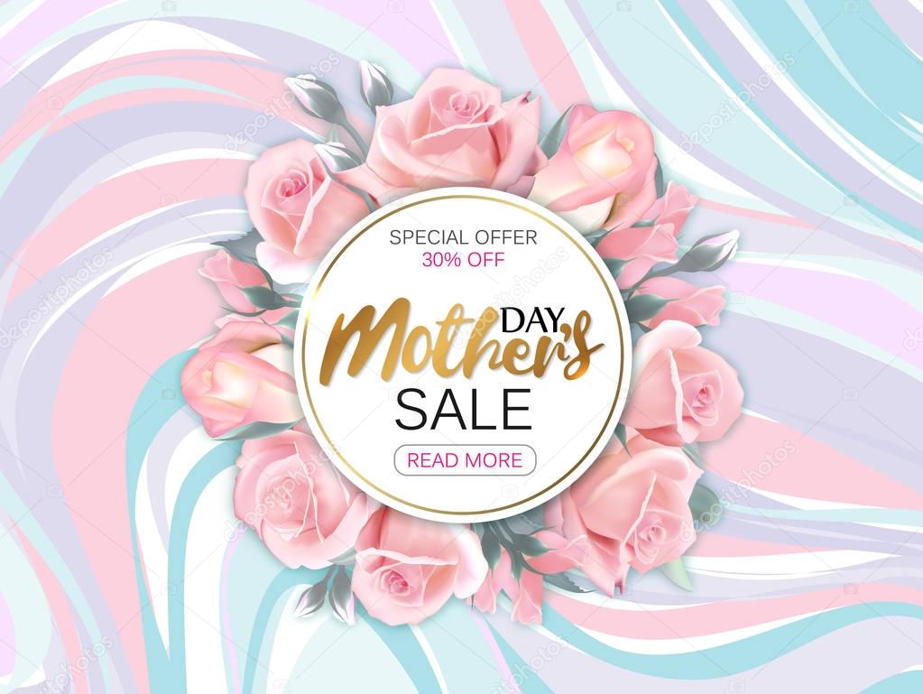 Mothers day sale background with beautiful pink roses on marble background. Vector illustration template banners. Wallpaper flyers, invitation, posters, brochure, voucher discount.