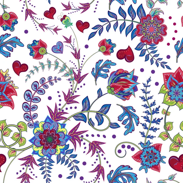 Mode smidig konsistens med fantasy blommor. Vector hand ritning sömlösa mönster. Ljust röd grön blå på vit bakgrund. — Stock vektor
