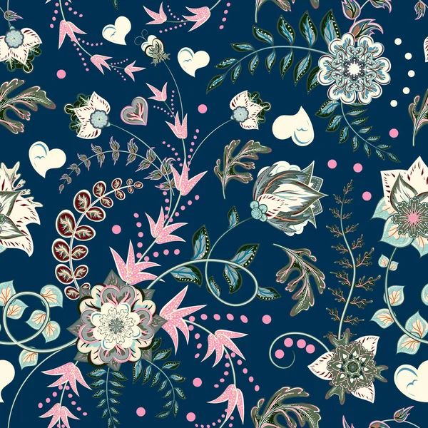 Mode smidig konsistens med fantasy blommor. Vector hand ritning sömlösa mönster. Rosa grå blommönster på blå bakgrund. — Stock vektor