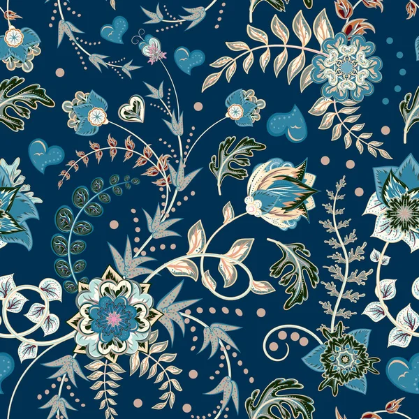 Nahtloser floraler Hintergrund. Tracery handgemachte Natur ethnischen Stoff Hintergrundmuster mit Blumen. blau weiß grün Textildesign Textur. dekorative Farbkunst. Vektor — Stockvektor