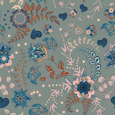 Sorunsuz çiçek arka plan. Oyma el yapımı doğa etnik kumaş zemin deseni çiçekli. Tekstil tasarım doku. Dekoratif renkli sanat. Vektör