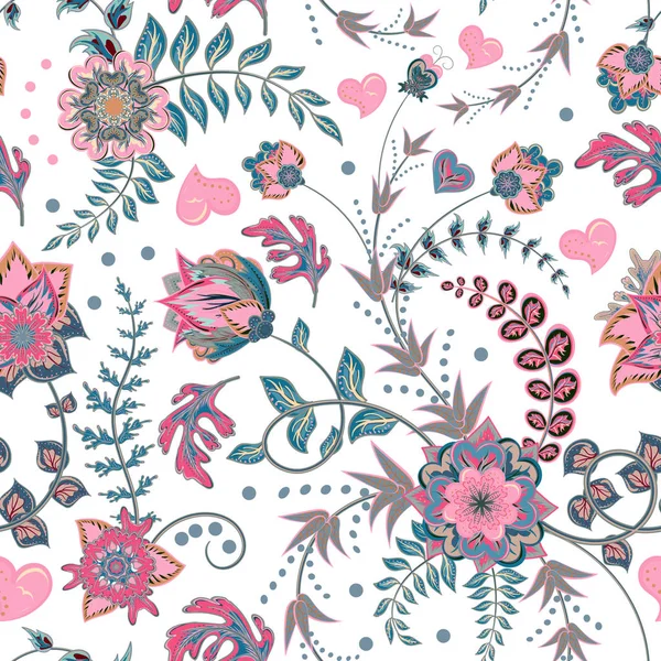 Seamless floral background. Tracery handmade nature ethnic fabric backdrop pattern with flowers. Textile design texture. Decorative color art. Vector. Pastel pink blue gray on white. — Stock Vector