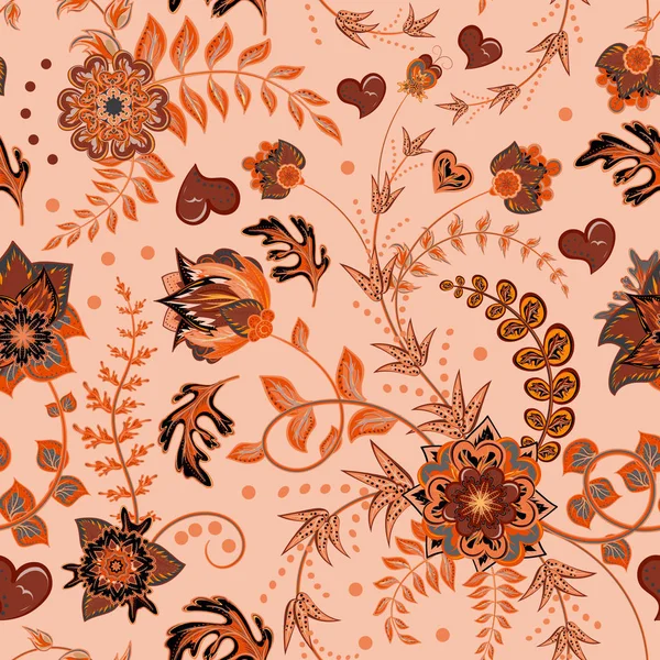 Απρόσκοπτη λουλουδάτο μοτίβο. Χέρι κλήρωση διανυσματικά εικονογράφηση. Απρόσκοπτη υπόβαθρο με λουλούδια. Πορτοκαλί καφέ μπεζ. — Διανυσματικό Αρχείο