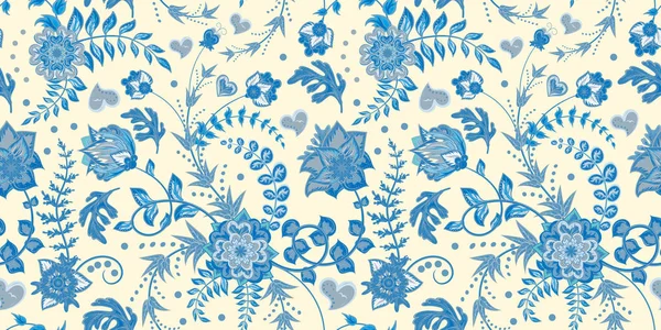 シームレスな花柄。手描画ベクトル図です。花とシームレスな背景は。白に青します。. — ストックベクタ