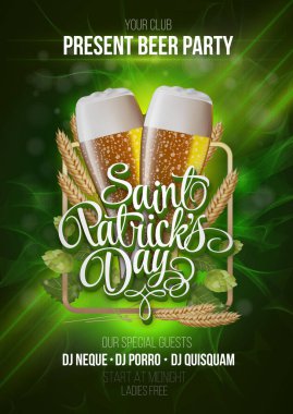 St Patricks Günü poster. Bira partisi yeşil hat işareti ve iki sarı bira gözlük ile arka plan. Vektör çizim