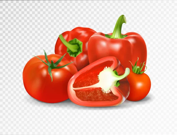 Fotó-realisztikus vektor. Piros paradicsom és paprika zöldség. A termékek a növényi étel a lecho házi lecsó. — Stock Vector