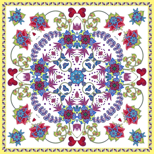 ファンタジーの手で素敵なテーブル クロスは、花を描きます。美しい民族ベクター飾り。カード、プリント バンダナ、ハンカチ デザイン、ナプキン。白地にカラフルなパターン. — ストックベクタ
