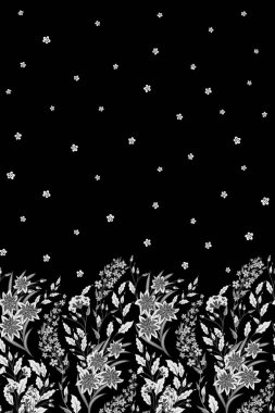 El çiçegi, otlar ve meyveler vektör sorunsuz kenarlığını çekilmiş. İnce narin çizgiler farklı bitkilerin - çoban çantası, yonca, dereotu, nane, papatya. Bitkisel grafik illüstrasyon veya arka plan