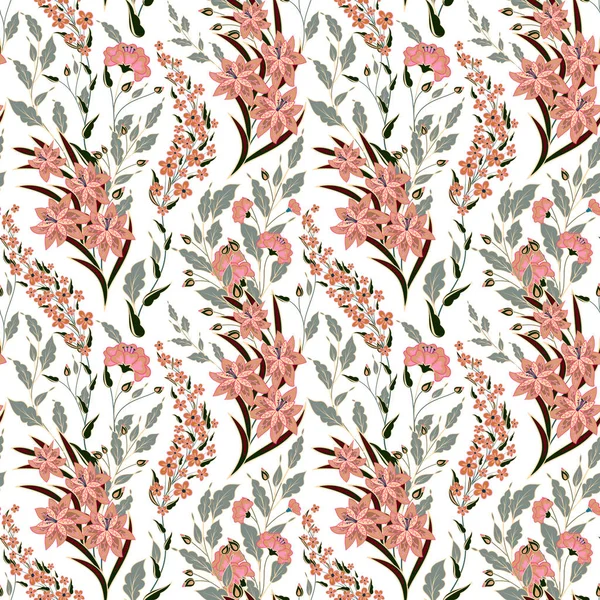Patrón sin costura floral vectorial con coloridas plantas y flores de verano. Rosa pastel — Archivo Imágenes Vectoriales