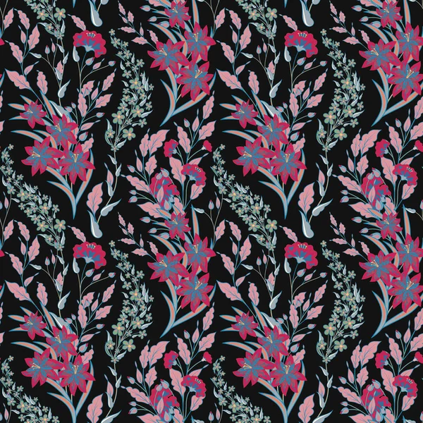 Patrón sin costura floral vectorial con coloridas plantas y flores de verano. Rosa azul sobre negro . — Archivo Imágenes Vectoriales