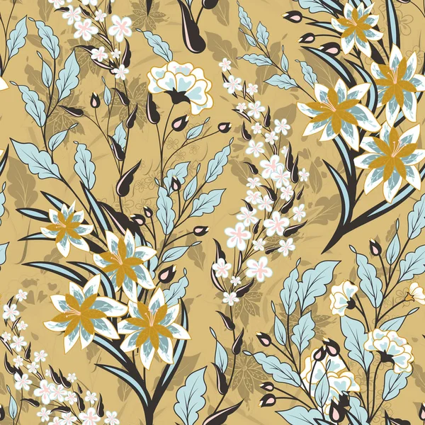 Vintage sömlös blommigt mönster på svart bakgrund. Vårblommor och ört. Botaniska vektorillustration. Blå och beige. — Stock vektor